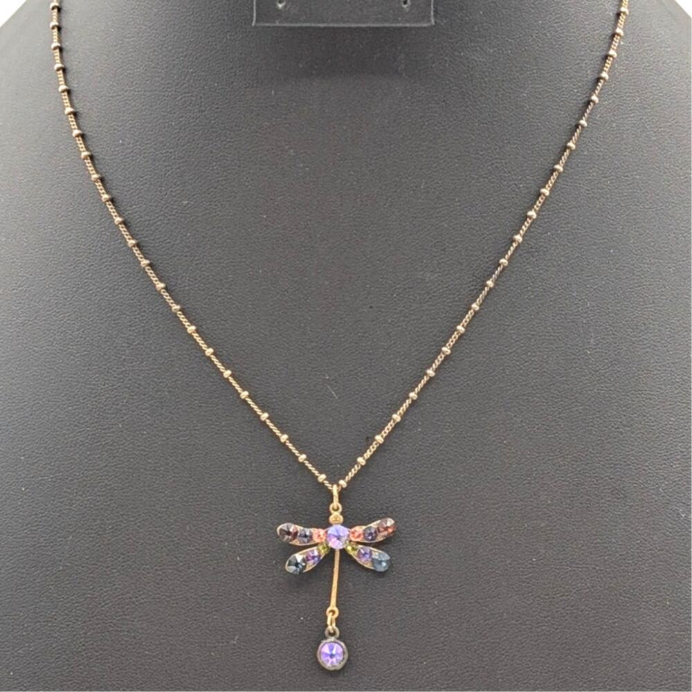 Vtg Anne Koplik Designs Crystal Antiqued Brass Beaded Chain Dragonfly Necklace